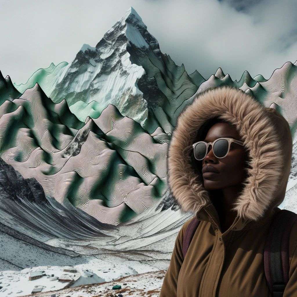 a detailed image of someone gazing at Mount Everest, created by using Fourier series